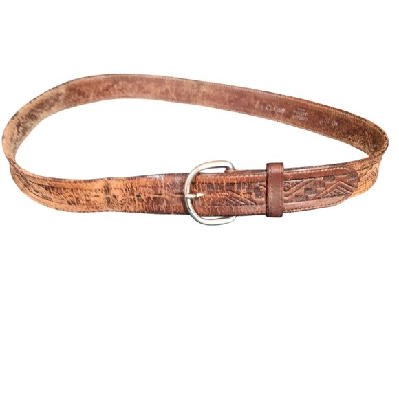 Vintage 40 Genuine Leather Belt Embossed Geometric Aztec Mexico Made 1980's - Picture 2 of 6